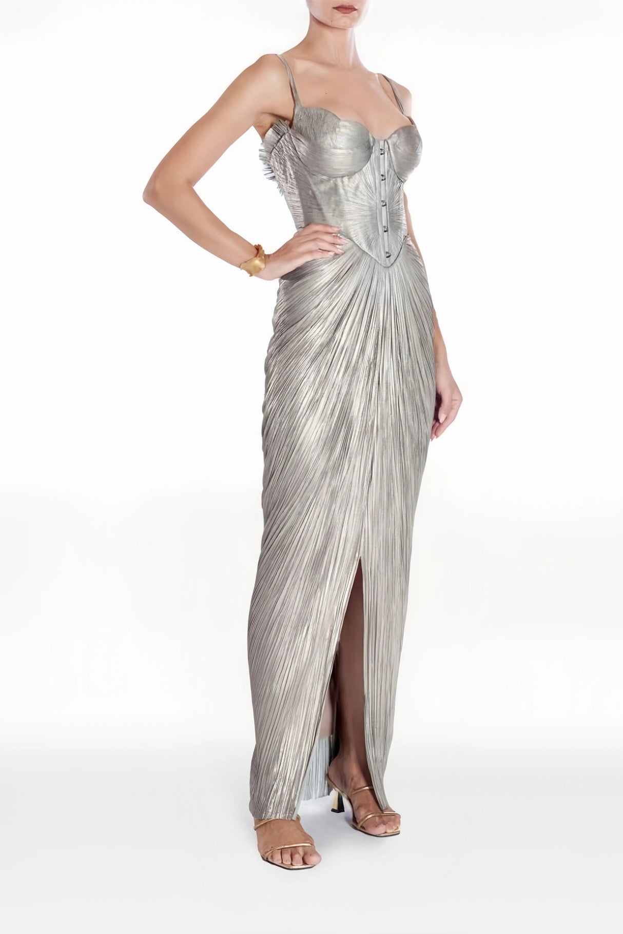 Nicoletta Silver Glossy Pleated Corset Maxi Dress