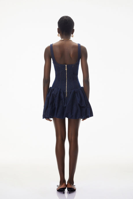 Niloufar Dark Blue Puffball Denim Mini Dress