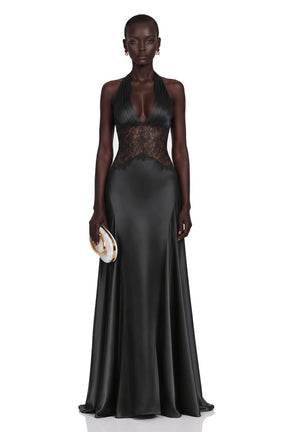 Nina Black Halterneck Maxi Dress with Lace Panels