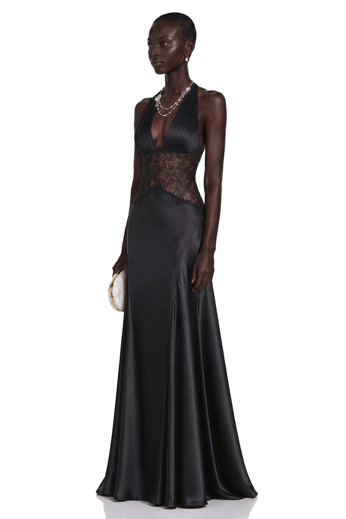 Nina Black Halterneck Maxi Dress with Lace Panels
