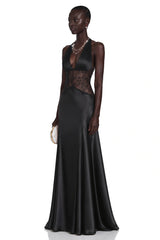 Nina Black Halterneck Maxi Dress with Lace Panels