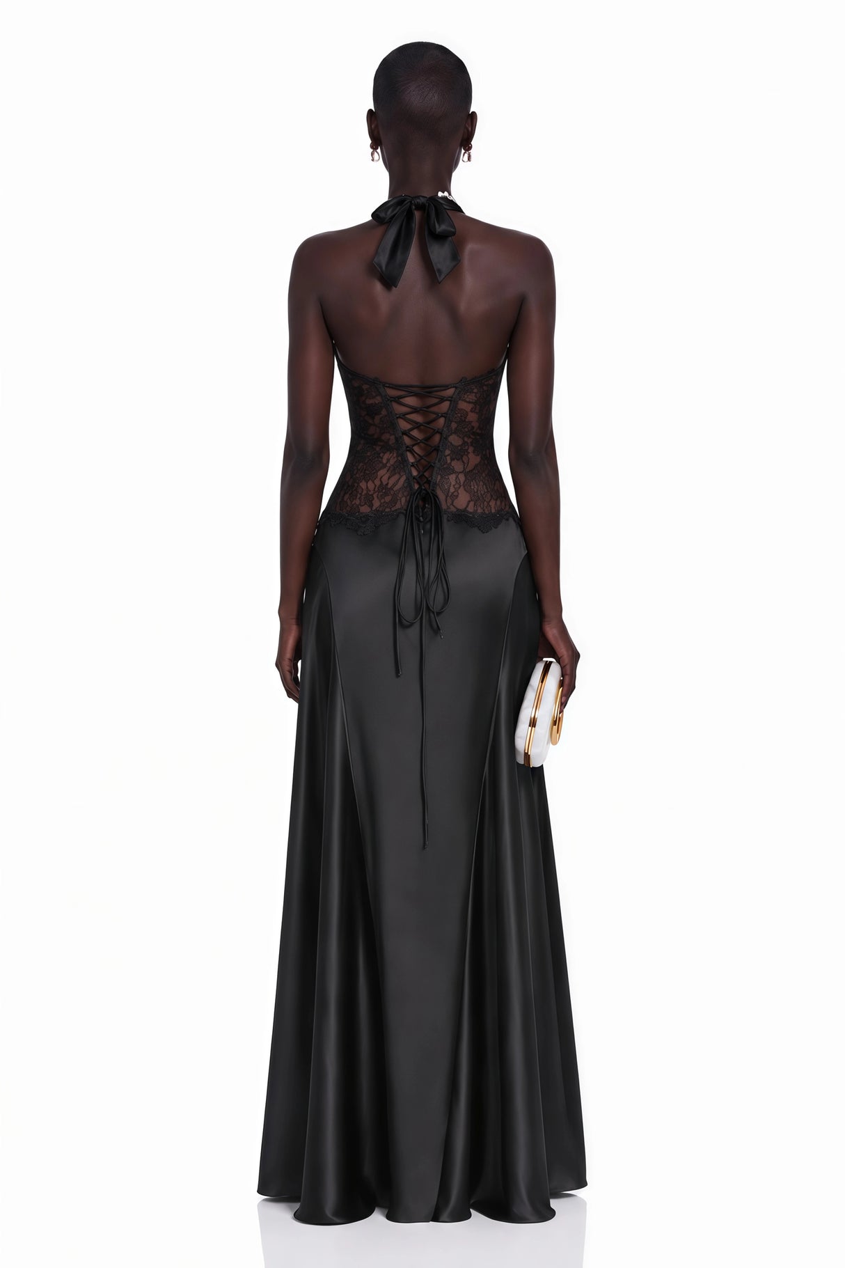 Nina Black Halterneck Maxi Dress with Lace Panels