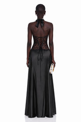 Nina Black Halterneck Maxi Dress with Lace Panels