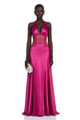 Nina Magenta Halterneck Maxi Dress with Lace Panels
