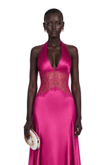 Nina Magenta Halterneck Maxi Dress with Lace Panels