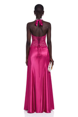 Nina Magenta Halterneck Maxi Dress with Lace Panels