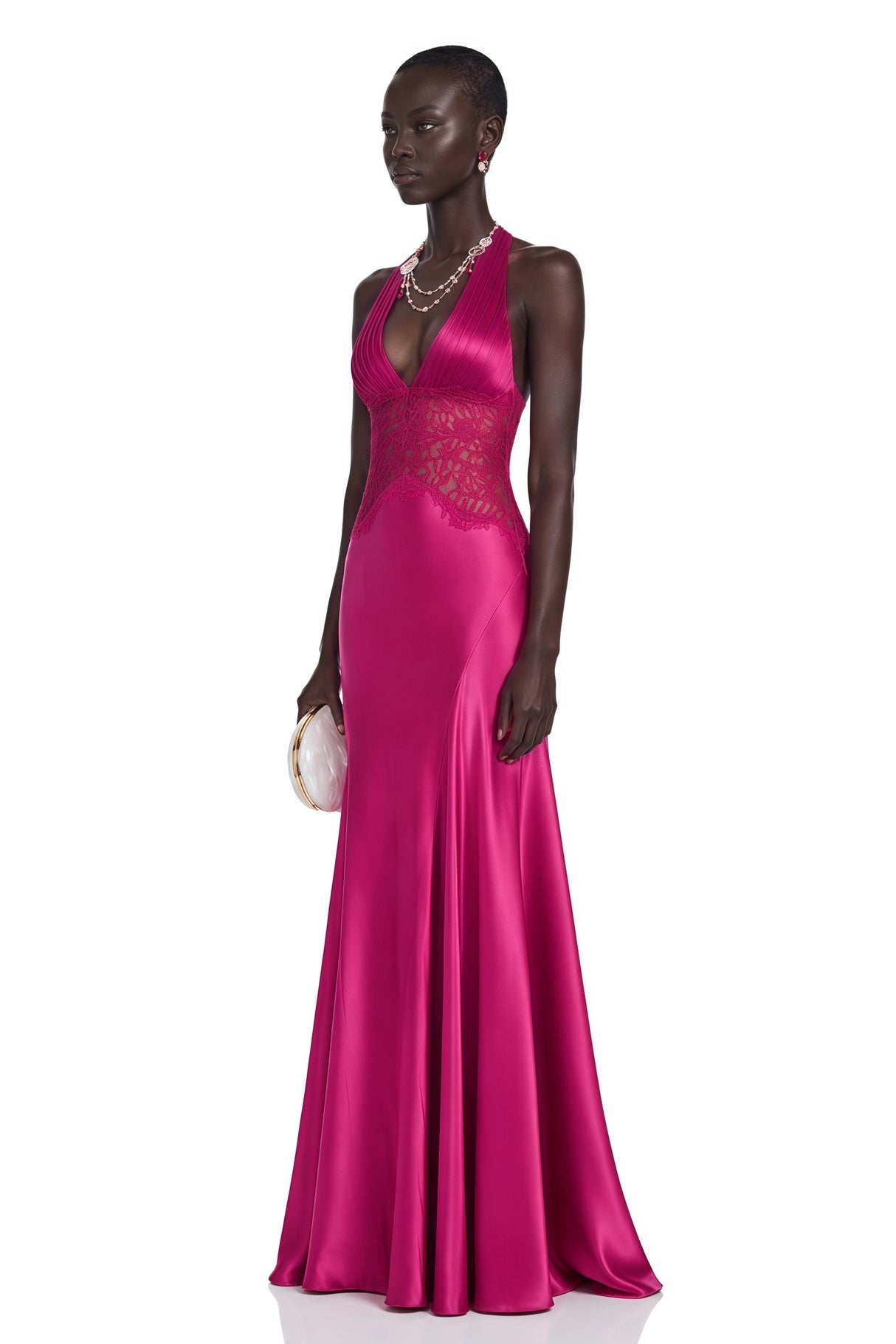 Nina Magenta Halterneck Maxi Dress with Lace Panels