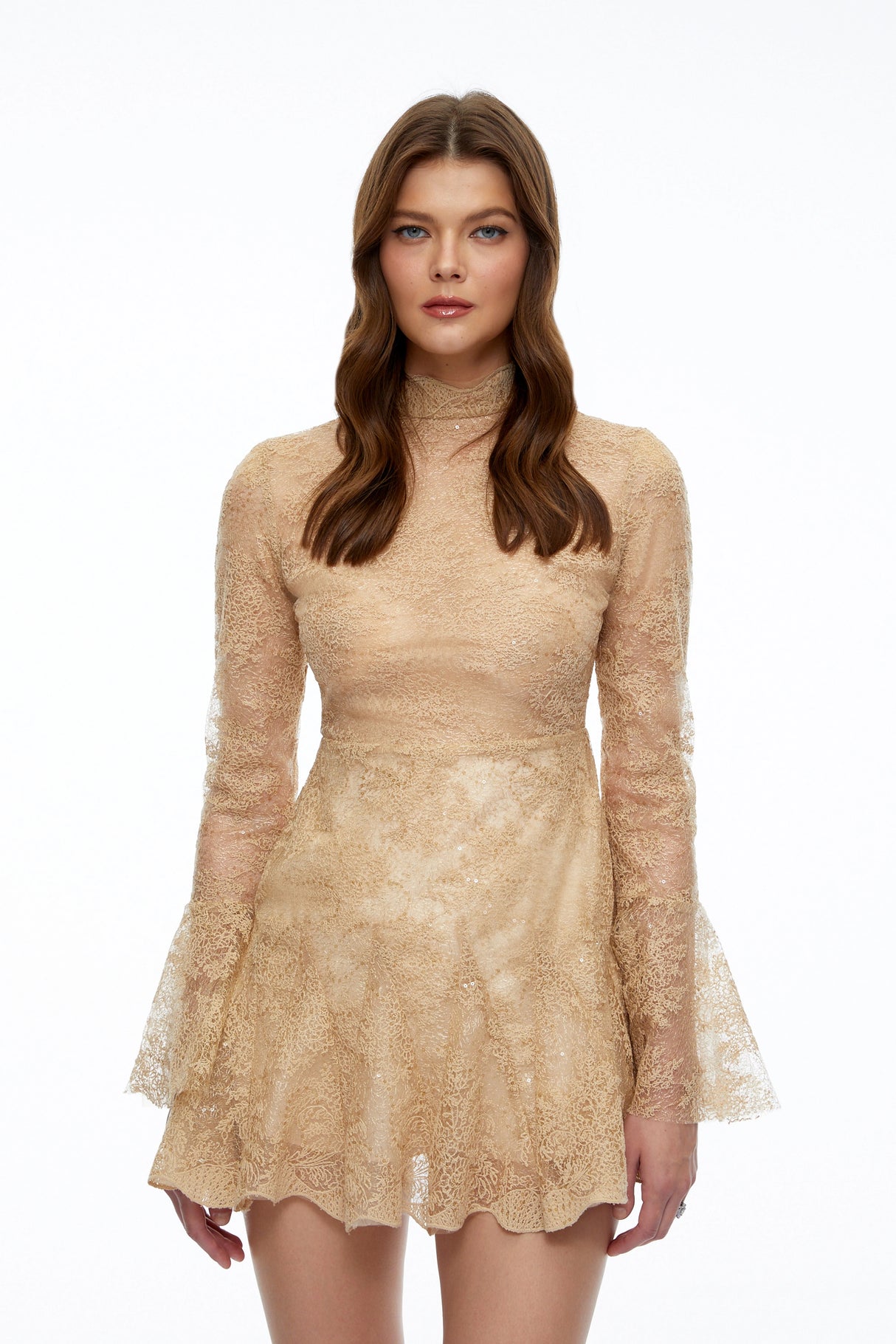 Nina Neutral Mini Dress with Lace Panels