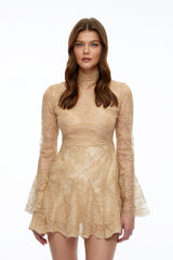 Nina Neutral Mini Dress with Lace Panels