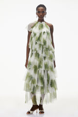 Nitzan Green Printed Tiered Maxi Dress with Sheer Overlay