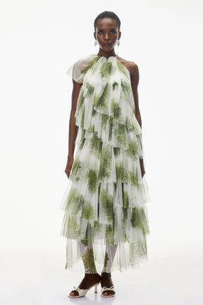 Nitzan Green Printed Tiered Maxi Dress with Sheer Overlay