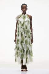 Nitzan Green Printed Tiered Maxi Dress with Sheer Overlay