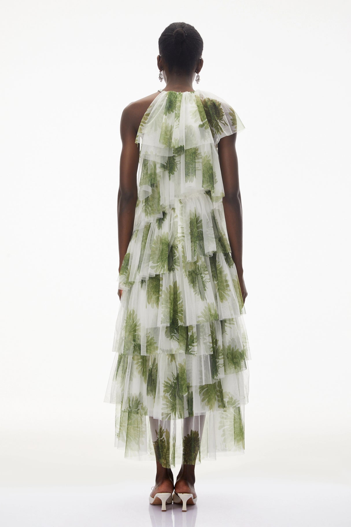 Nitzan Green Printed Tiered Maxi Dress with Sheer Overlay