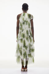 Nitzan Green Printed Tiered Maxi Dress with Sheer Overlay