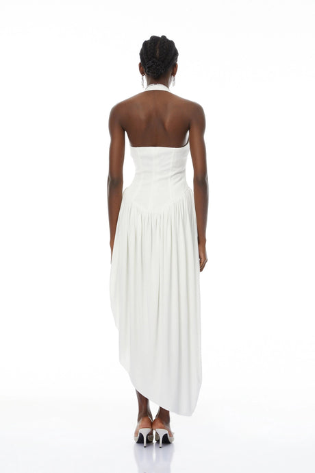 Noelia White Halterneck Shirred Panel Maxi Dress