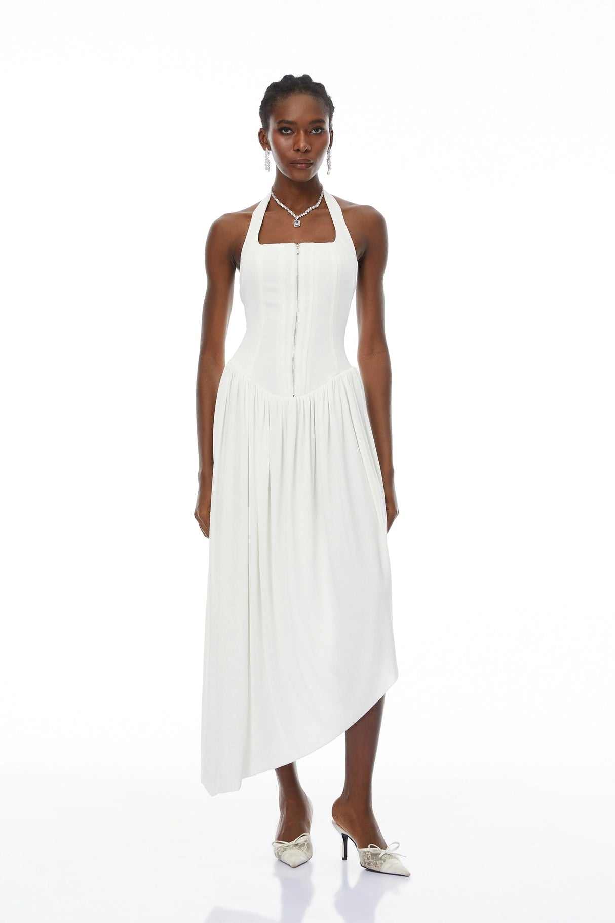 Noelia White Halterneck Shirred Panel Maxi Dress