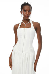 Noelia White Halterneck Shirred Panel Maxi Dress