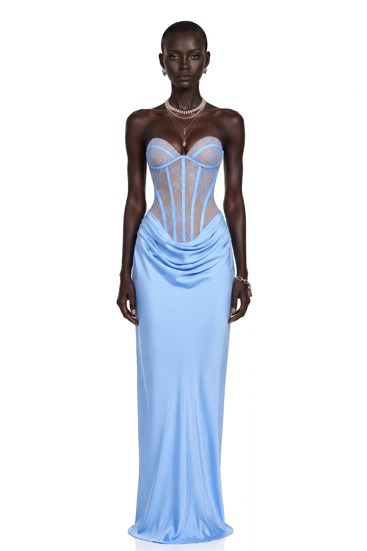 Noelle Blue Off Shoulder Maxi Dress with Lace Panels