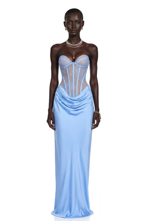 Noelle Blue Off Shoulder Maxi Dress with Lace Panels