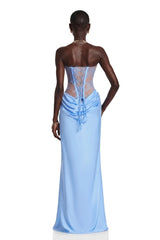 Noelle Blue Off Shoulder Maxi Dress with Lace Panels