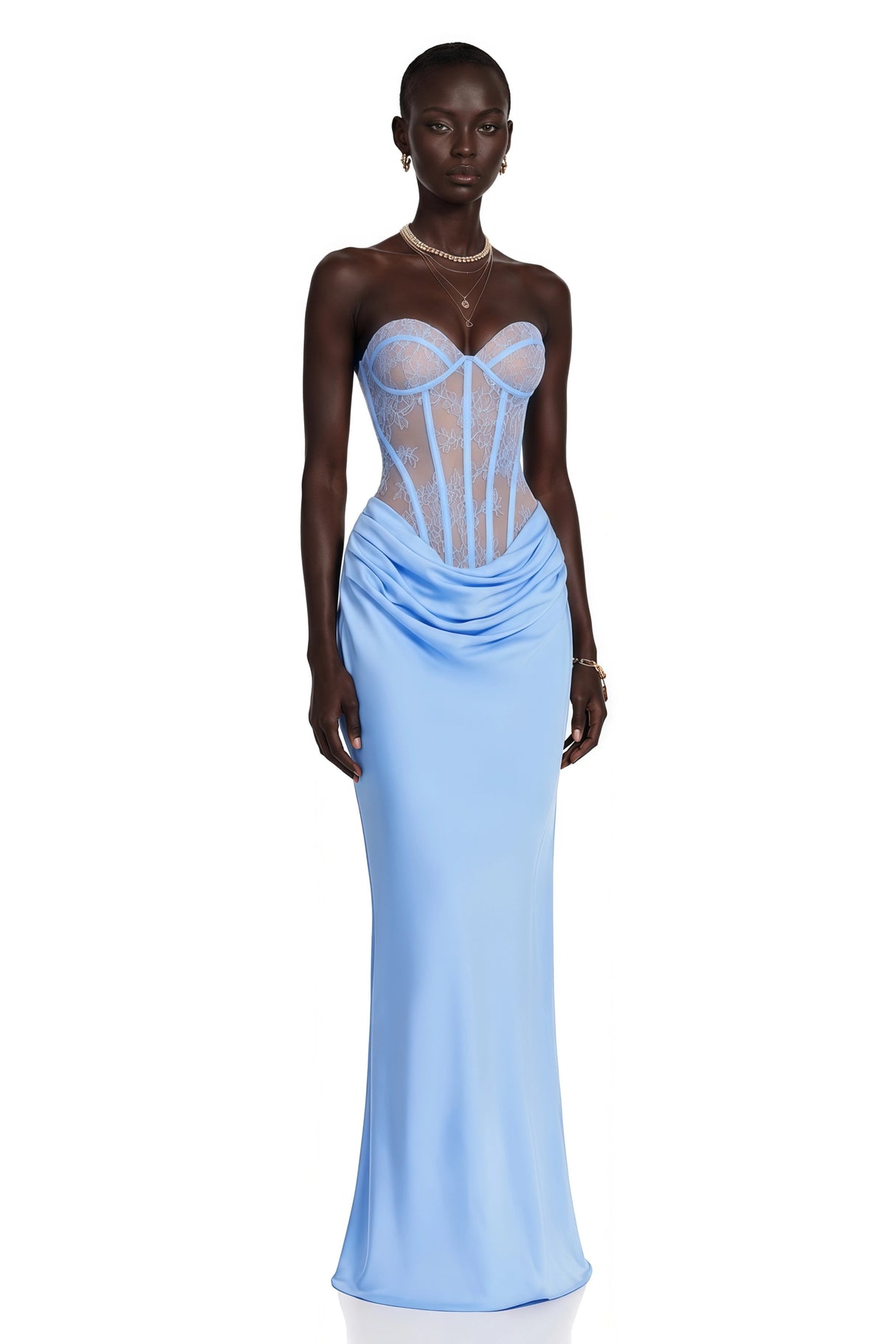Noelle Blue Off Shoulder Maxi Dress with Lace Panels