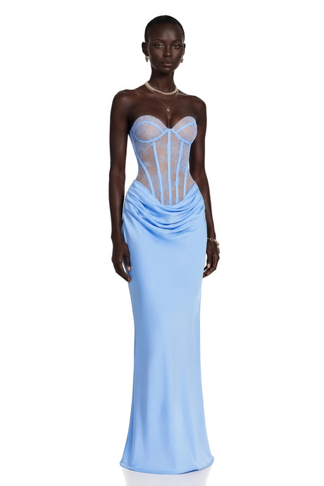 Noelle Blue Off Shoulder Maxi Dress with Lace Panels
