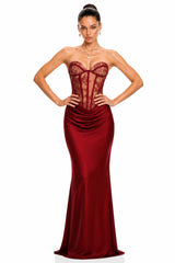 Noelle Red Off Shoulder Maxi Dress with Lace Panels