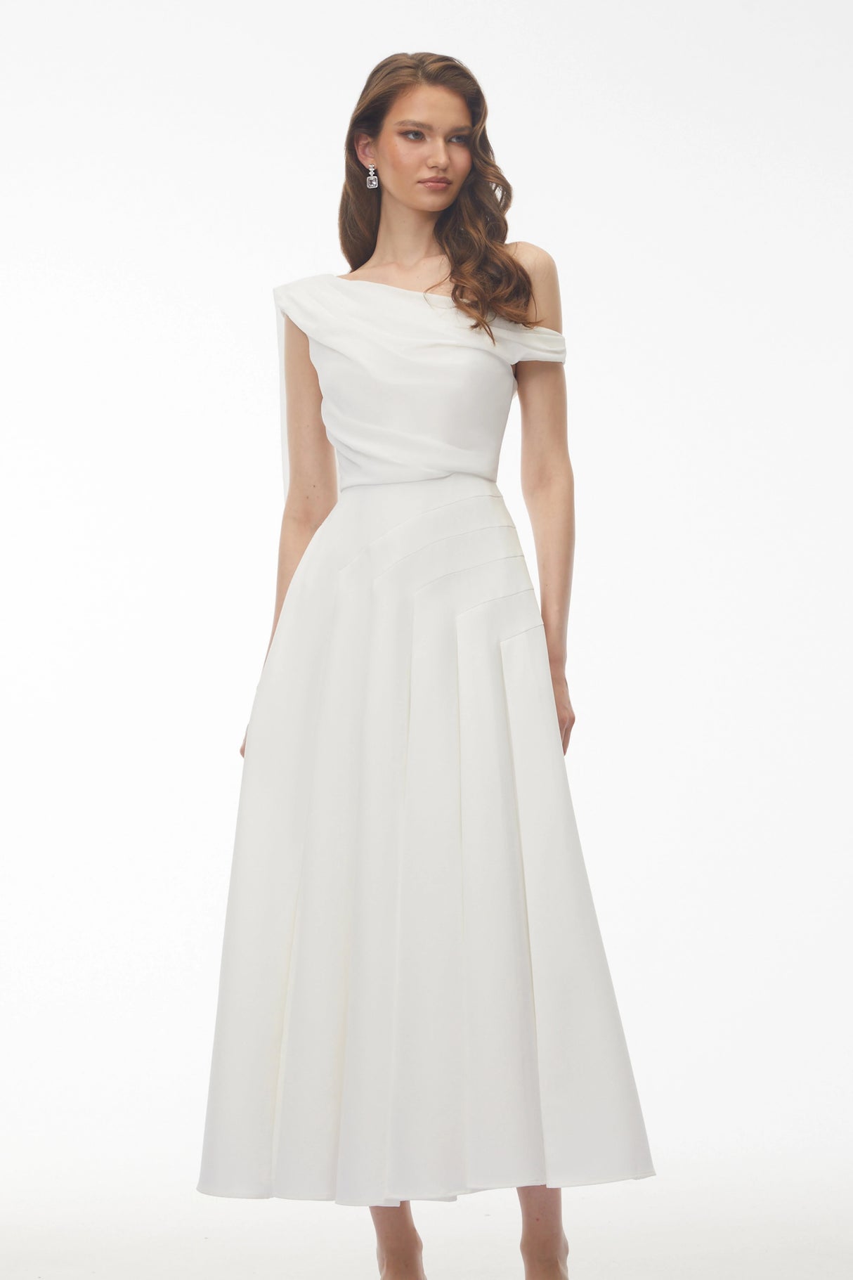 Noelle White Off Shoulder Asymmetrical Maxi Dress