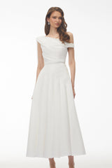 Noelle White Off Shoulder Asymmetrical Maxi Dress