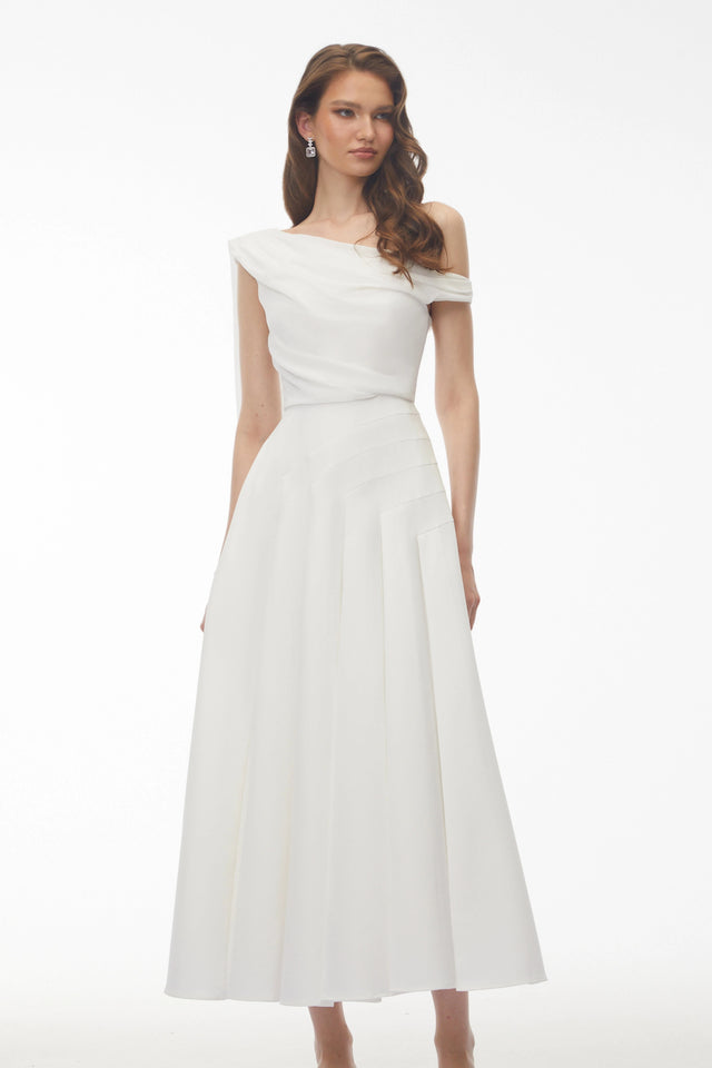 Noelle White Off Shoulder Asymmetrical Maxi Dress