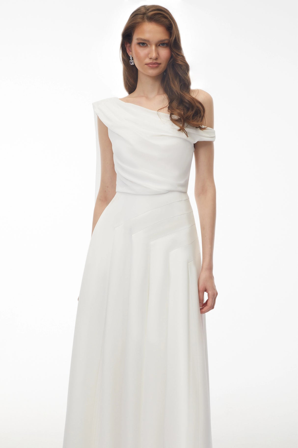 Noelle White Off Shoulder Asymmetrical Maxi Dress