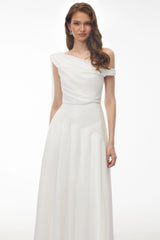 Noelle White Off Shoulder Asymmetrical Maxi Dress