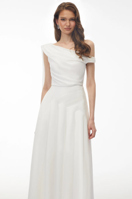 Noelle White Off Shoulder Asymmetrical Maxi Dress