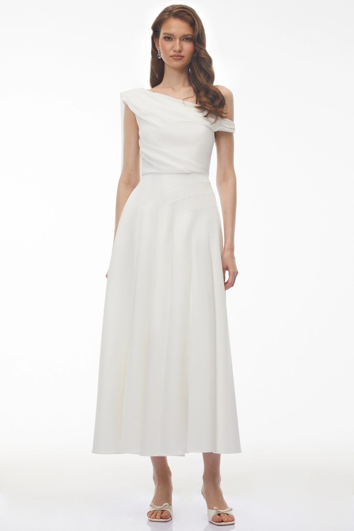 Noelle White Off Shoulder Asymmetrical Maxi Dress