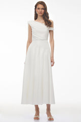Noelle White Off Shoulder Asymmetrical Maxi Dress