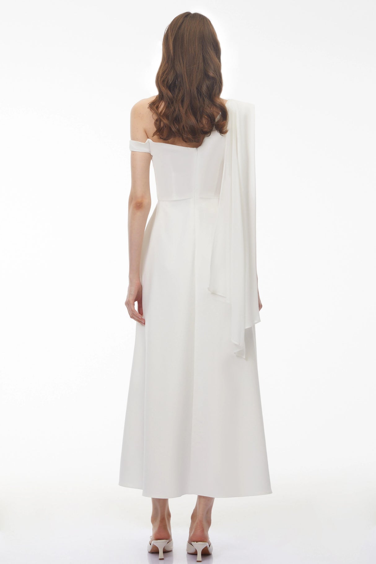 Noelle White Off Shoulder Asymmetrical Maxi Dress
