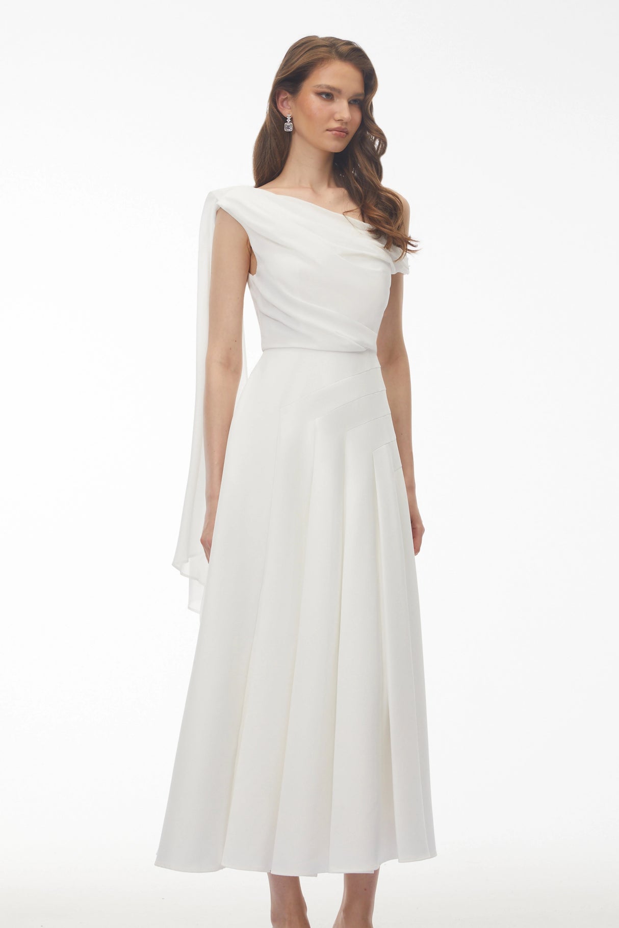 Noelle White Off Shoulder Asymmetrical Maxi Dress