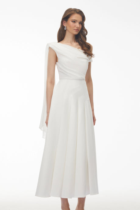 Noelle White Off Shoulder Asymmetrical Maxi Dress