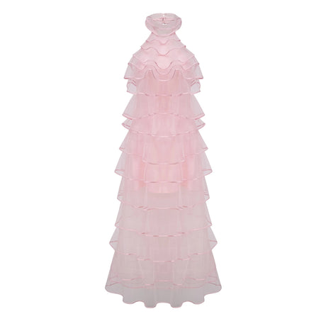 Nonchalante Pink Tiered Halterneck Maxi Dress