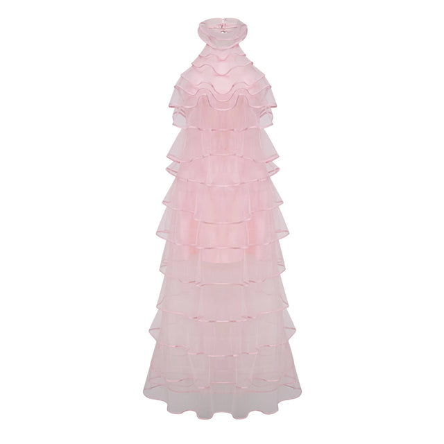 Nonchalante Pink Tiered Halterneck Maxi Dress