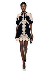 Nora Black Velvet Mini Dress with Lace Panels