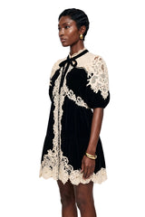 Nora Black Velvet Mini Dress with Lace Panels