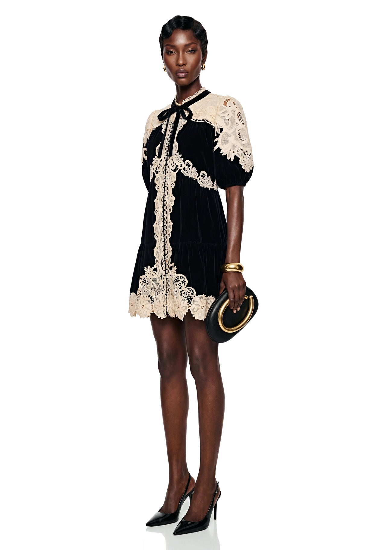 Nora Black Velvet Mini Dress with Lace Panels