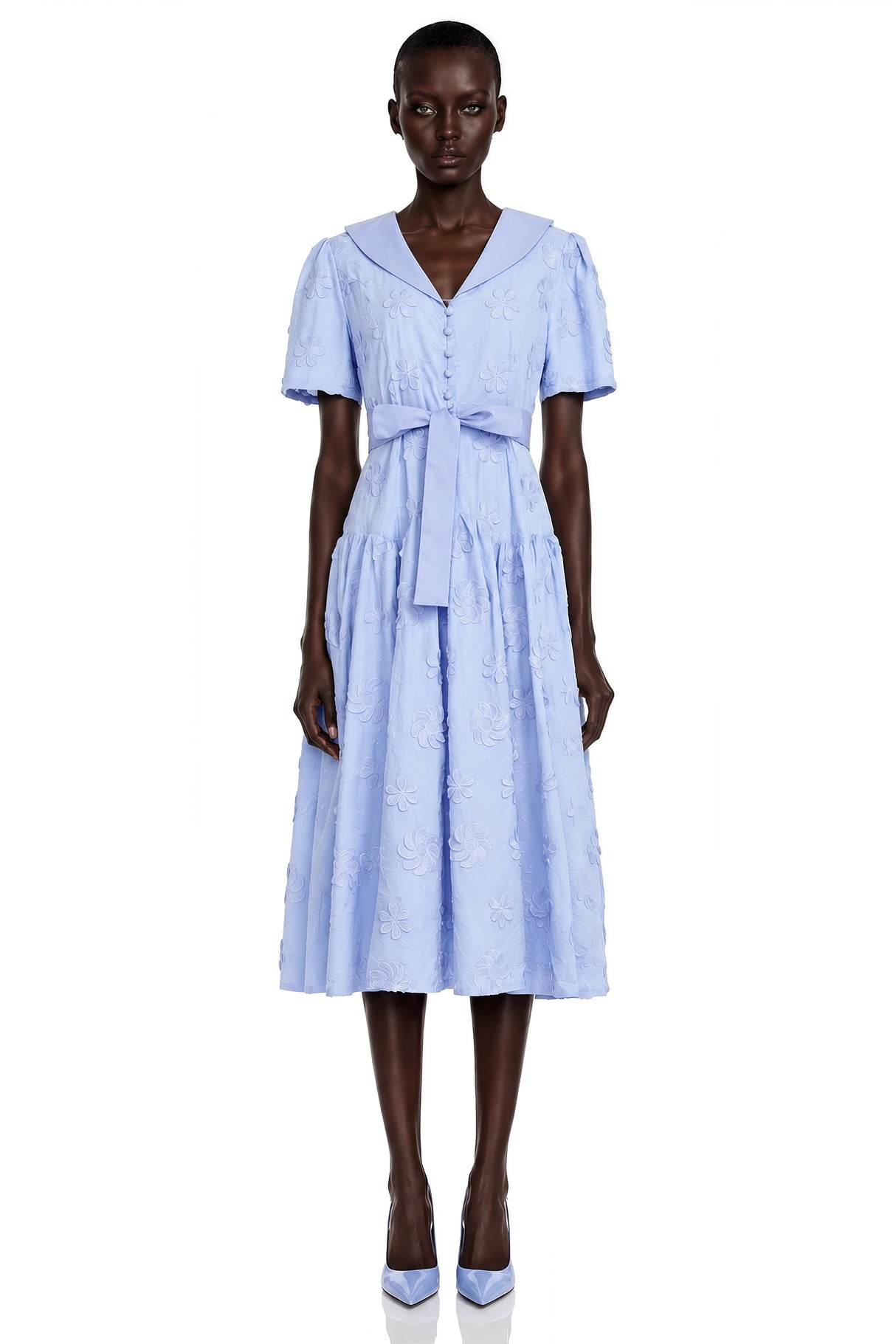Norma Light Blue Pleated Maxi Dress with Lapel Collar