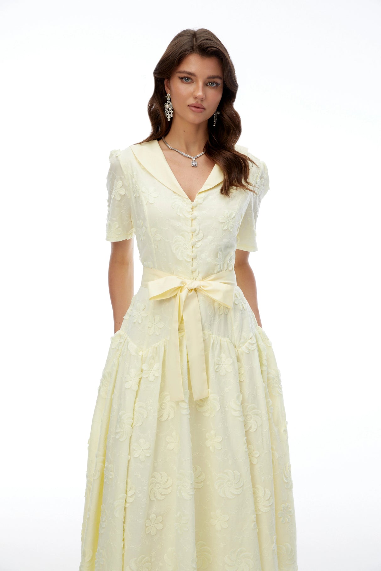 Norma Pale Yellow Pleated Maxi Dress with Lapel Collar