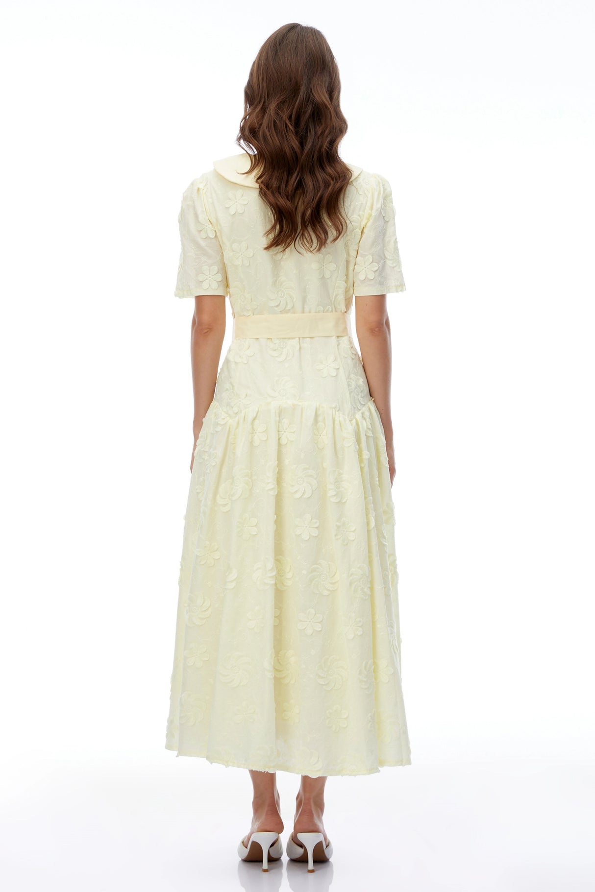 Norma Pale Yellow Pleated Maxi Dress with Lapel Collar