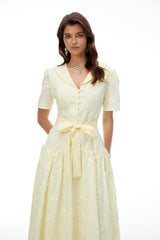 Norma Pale Yellow Pleated Maxi Dress with Lapel Collar