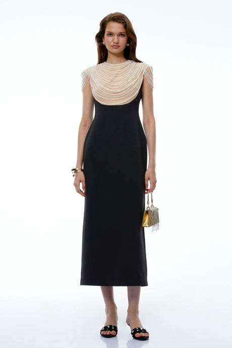 Ember Midi Dress Black with Pearl Chain Panels