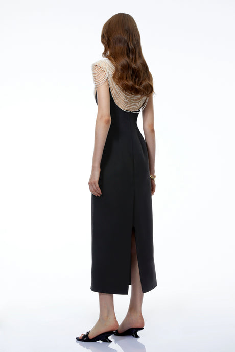 Ember Midi Dress Black with Pearl Chain Panels