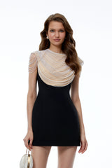 Nova Black Mini Dress with Pearl Chain Panels